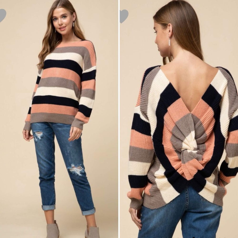 entro drop back twist sweater, size small, blush/grey/beige/navy  stripes